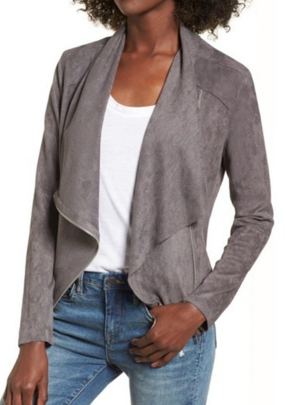 Blank NYC Jacket Womens Size Small Gray Suede Asymmetric Zip Drape Front light